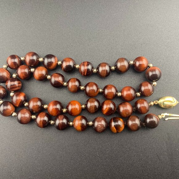 Vtg 9K Solid Gold Ball & 10mm Tigers Eye Beaded Necklace 18" - Lots of Gold - Picture 4 of 15